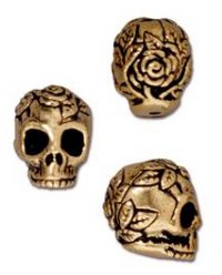 1 10mm TierraCast Antique Gold Rose Skull Bead