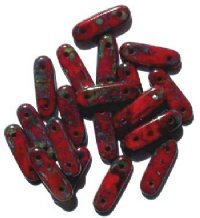 20 15x5mm Two Hole Opaque Red Picasso Spacer Bar Beads