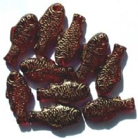 10 28x13mm Garnet & Gold  Glass Fish Beads