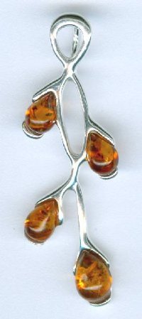 1 40x16mm Twig Four Drop Cognac Baltic Amber Sterling Pendant