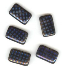 5 19x12mm Czech Glass Flat Rectangle Peacock Beads - Black with Blue Azuro Grid