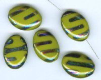 5 20x14mm Czech Glass Flat Oval Peacock Beads - Opaque Green with Chrome Vitrail Swirl