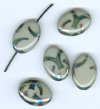 5 20x14mm Czech Glass Flat Oval Peacock Beads - Opaque Grey with Chrome Vitrail Swirl