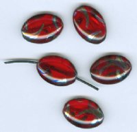 5 20x14mm Czech Glass Flat Oval Peacock Beads - Transparent Red with Chrome Vitrail Swirl