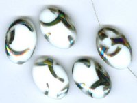 5 20x14mm Czech Glass Flat Oval Peacock Beads - White with Chrome Vitrail Swirl