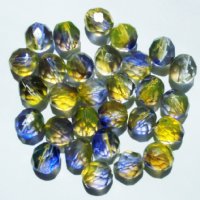 25 8mm Faceted Tri Tone Crystal, Yellow, & Purple Firepolish Beads