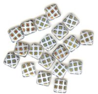 20 8x8mm Czech Flat Square Peacock Beads - White With Marea Grid