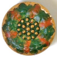 1 22mm Green & Orange Glass Flower Button with Gold 