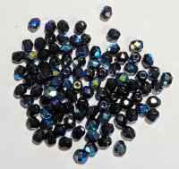 100 4mm Faceted Opaque Black AB Firepolish Beads