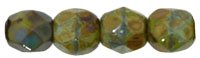 100, 4mm Faceted Opaque Olive Picasso Firepolish Beads