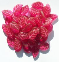 50 14mm Transparent Raspberry Glass Leaf Beads