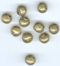 10 10x9.5mm Patterned Round Antique Brass Metal Beads