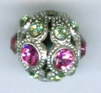 1 8mm Swarovski Encrusted Round Filigree Bead - Antique Silver with Rose and Peridot
