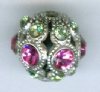 1 8mm Swarovski Encrusted Round Filigree Bead - Antique Silver with Rose and Peridot