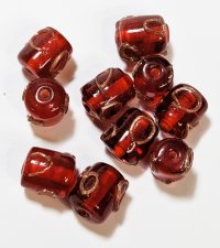 10 10x8mm Transparent Red and Gold Circle Lampwork Barrel Beads