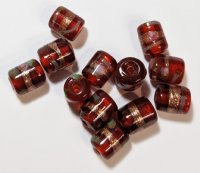 10 10x8mm Transparent Red and Gold Lampwork Barrel Beads