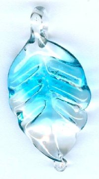 1 30x16mm Two Tone Crystal and Aqua Lampwork Leaf Pendant