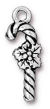 1 25x8mm TierraCast Antique Silver Candy Cane with Holly Pendant
