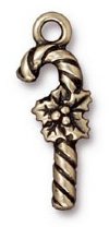1 25x8mm TierraCast Brass Oxide Candy Cane with Holly Pendant