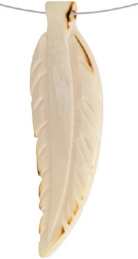 1 55x20mm White Carved Feather Worked on Bone Pendant with Burnt Edges