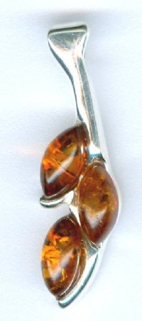1 27x8mm Three Stone Leaf Cognac Baltic Amber Sterling Pendant