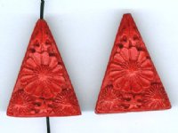 2 29x23x8mm Red Cinnabar Floral Triangles