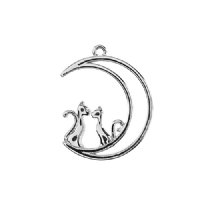 1, 26x21mm Beadwork Silver Plated Moon with Cats Pendant / Link