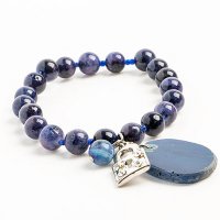 Sodalite Round Stretch Bracelet with Antique Silver Lock Charm and Agate Slice