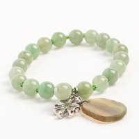 Green Aventurine Round Stretch Bracelet with Antique Silver Clover Charm and Agate Slice