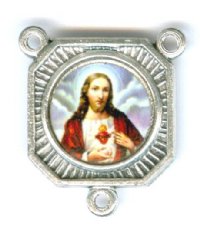 1 18x14mm Square Antique Silver 3 Ring Sacred Heart and Jesus Connector