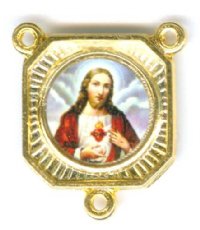1 18x14mm Square Gold 3 Ring Sacred Heart and Jesus Connector