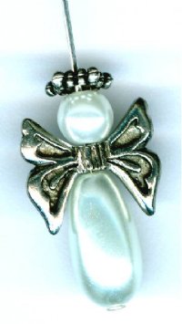 Set of 2 Czech Glass Pearl and Antique Silver Angels with Bow Wings