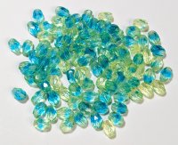100 6x4mm Jonquil and Aqua Faceted Oval Beads