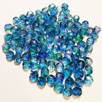 50, 6mm Two Tone Blue, Green, and Mauve Faceted Firepolish Beads