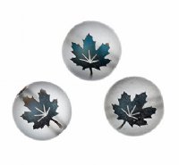 19, 10mm Round Matte Transparent Grey Beads with Metallic Green Maple Leaf