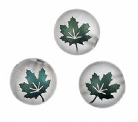 19, 10mm Round Matte Transparent Grey Beads with Metallic Green Maple Leaf