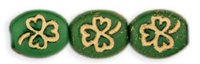 50 10x9mm Flat Oval Opaque Green and Gold Shamrock / Clover Beads