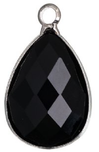 1, 18x13mm Faceted Jet Glass Teardrop Pendant in Rhodium Setting