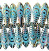 10, 5x16mm Blue Gold AB Lazer Etched Dagger Beads with Peacock Feather Pattern