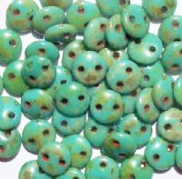50 6mm Opaque Turquoise Picasso Two Hole Glass Lentil Beads