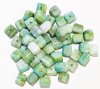 40, 6x7mm Matte White, Green, and Yellow Marble Cube Beads