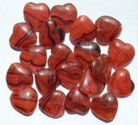 20 15mm Dark Orange and Black Marble Glass Heart Beads