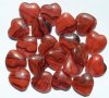 20 15mm Dark Orange and Black Marble Glass Heart Beads