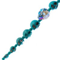 6.5 Inch Strand of Turquoise Blue Glass, Ceramic, and Howlite Skull Beads
