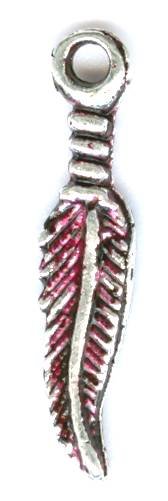 1 20x5mm Antique Silver and Fuchsia Feather Pendant