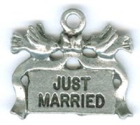 1 16mm Antique Silver "Just Married" with Doves Pendant
