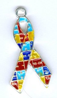 1 21mm Silver and Patchwork Autism Enamel Ribbon Pendant