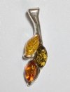 1 27x8mm Three Stone Leaf Multi Baltic Amber Sterling Pendant
