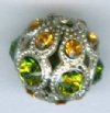 1 8mm Swarovski Encrusted Round Filigree Bead - Antique Silver with Olivine and Topaz