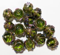 15, 10mm Transparent Olivine Round Wedding Cake Lampwork Beads